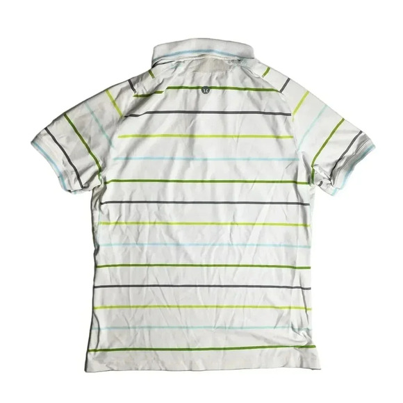 Lululemon Polo Shirt Size Large White Striped Octagon Logo Mesh Panels Men's - Picture 2 of 7